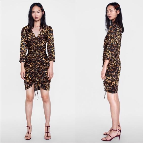 Zara Dresses & Skirts - ZARA Animal Print Ruched Tie V-neck Drape Dress